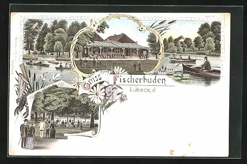 Lithographie Lübeck, Gasthaus Fischerbuden, Gondelfahrt
