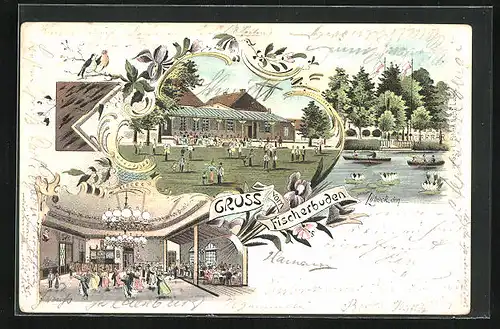 Lithographie Lübeck, Gasthaus Fischerbuden mit Garten und Tanzsaal, Gondelfahrt