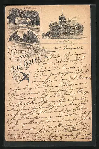Vorläufer-Lithographie Bad Berka, 1891, Gasthaus Waldschlösschen, Hotel Kaiser Wilhelm Burg