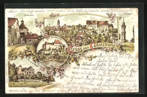 Lithographie Cadolzburg, Ansichten der Burganlage, Burgausgang