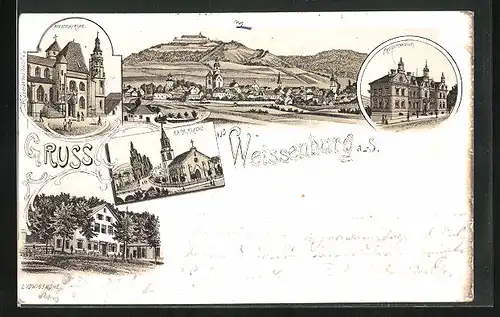 Lithographie Weissenburg a. S., Progymnasium, Kath. Kirche, Apostelkirche
