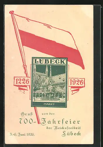 AK Lübeck, 700-Jahrfeier 1926, Markt auf Briefmarke, Fahne
