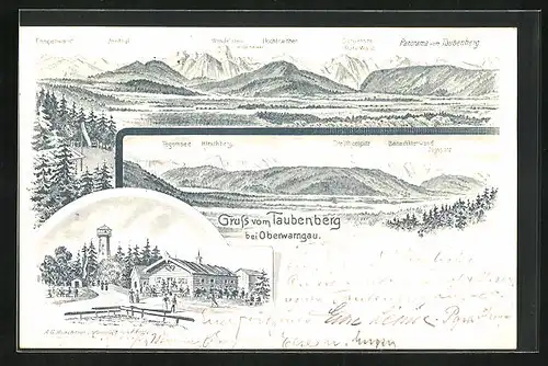 Lithographie Oberwarngau, Gasthaus Taubenberg, Aussichtsturm