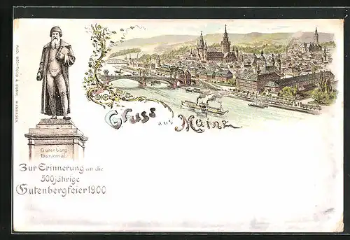 Lithographie Mainz, Gutenberg Denkmal, Flusspartie mit Dampfer, Buchdruck