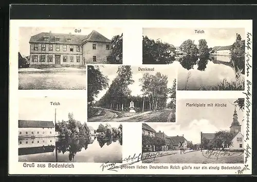 AK Bodenteich, Denkmal, Marktplatz mit Kirche, Gut