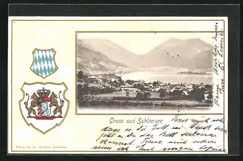 Passepartout-Lithographie Schliersee, Gesamtansicht mit Wappen