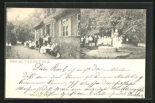 AK Padelügge, Gebäudeansicht, Brunnen