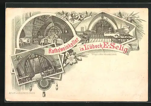 Lithographie Lübeck, Gasthaus Ratsweinkeller, Inneres, Hansa-Saal, Buffet und Eingang
