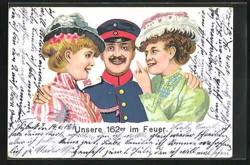 Lithographie Lübeck, Unsere 162er im Feuer, Soldat des Regiments 162 zwischen zwei Frauen