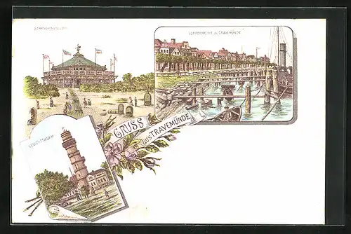 Lithographie Travemünde, Restaurant Strandpavillon, Leuchtturm, Vorderreihe
