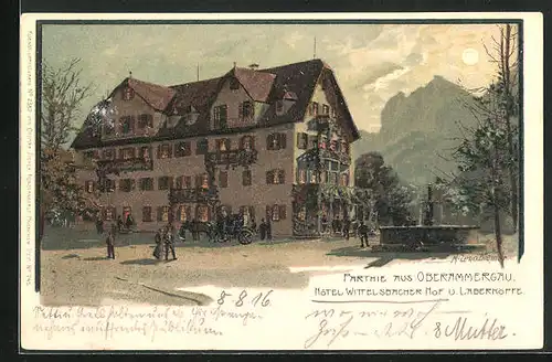 Künstler-AK Zeno Diemer: Oberammergau, Hôtel Wittelsbacher Hof und Laberköpfe am Abend
