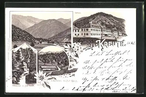 Lithographie Bad Kreuth, Kurhaus, Wasserfall, Siebenhütten