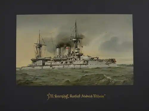 Lithographie SM Linienschiff Kurfürst Friedrich Wilhelm, nach Heinrich Graf aus Deutschland zur See um 1912