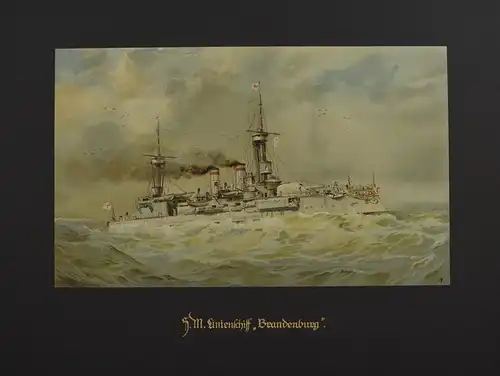 Lithographie SM Linienschiff Brandenburg, nach Heinrich Graf aus Deutschland zur See um 1912, 34.5 x 45.5cm