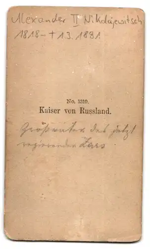 Fotografie unbekannter Fotograf und Ort, Portrait Alxeander II. Nikolajewitsch, Kaiser von Russland mit Ordenspange