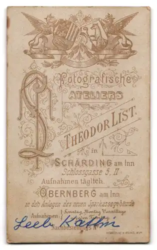 Fotografie Theodor List, Schärding a. I., Schlossgasse 5, Portrait Katrhrin Leeb im Trachtenkleid mit Schirm, Handtasche