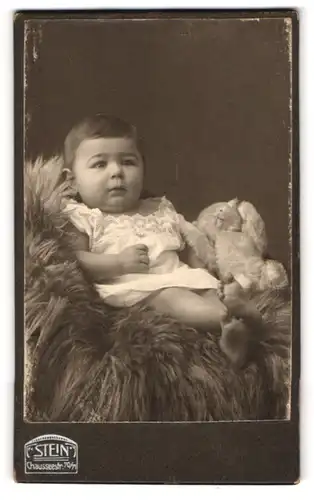 Fotografie Stein, Berlin, Chausseestr. 70 /71, Portrait Kleinkind im Kleidchen liegt mit Teddybär auf einem Fell