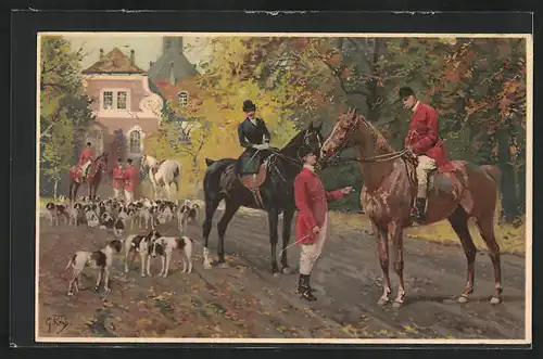 Künstler-AK Jäger und Jagdhunde, mit Autograph von Prinz Alfons von Wrbna