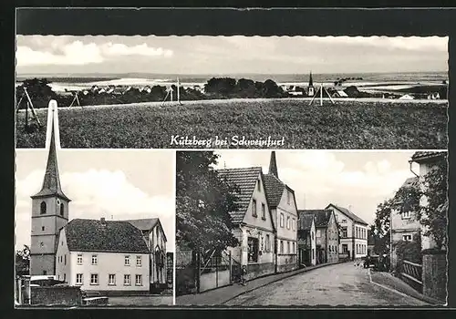 AK Kützberg bei Schweinfurt, Kirche mit Turm, Felder und Strasse mit Geschäften