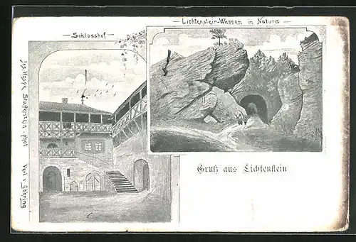 Künstler-AK Lichtenstein, Wappen in Natura, mit Schlosshof
