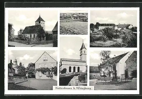 AK Rottenbauer b. Würzburg, Häuser und Kirche des Dorfes mit kleinem Denkmal