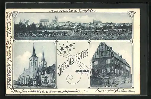 AK Gerolzhofen, Pfarrkirche, Berzirksamt, Totalansicht