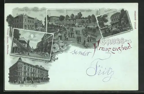 Mondschein-Lithographie Franzensbad, Hotel Stadt Leipzig, Stadt Egerer Badehaus, Kurparkpromenade