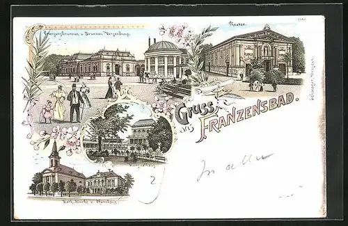 Lithographie Franzensbad, Theater, Franzensbrunnen und Brunnen-Versendung, Kursaalhaus