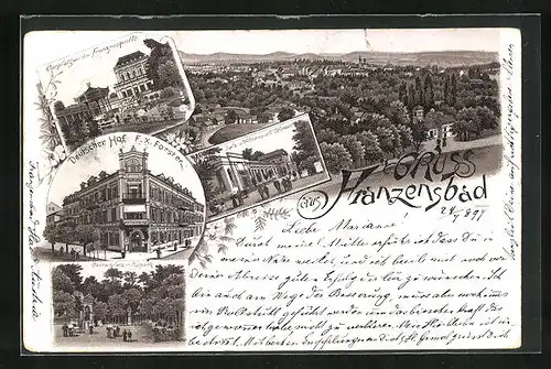 Lithographie Franzensbad, Hotel Deutscher Hof, Curplatz von der Franzensquelle