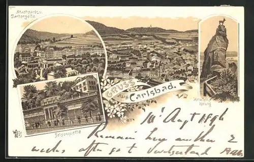 Lithographie Carlsbad, Stadtpark und Gartenzeile, Hirschensprung, Felsenquelle