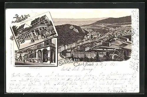 Lithographie Carlsbad, Schlossbrunn, Marktbrunn, Totalansicht