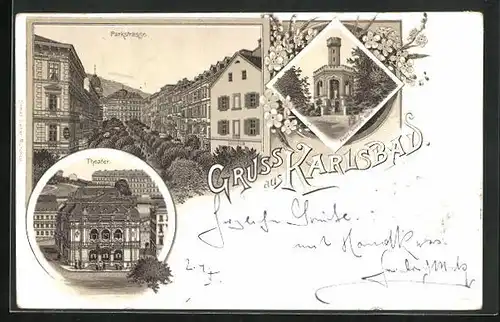 Lithographie Karlsbad, Theater, Parkstrasse, Franz Joseph`s Höhe