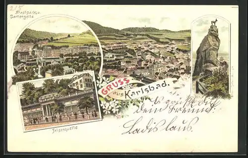 Lithographie Karlsbad, Hirschensprung, Felsenquelle, Stadtpark und Gartenzeile