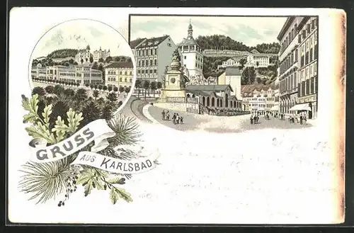 Lithographie Karlsbad, Strassenpartie, Eichenlaub