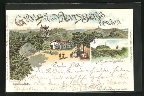Lithographie Karlsbad, Gasthaus und Aussichtsturm auf dem Veitsberg