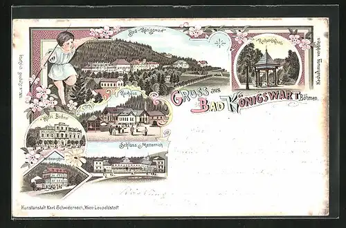 Lithographie Königswart, Hotel Buberl, Schloss Metternich, Richards Quelle