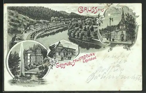 Mondschein-Lithographie Giesshübl-Sauerbrunn, Trinkhalle, Hotel Heinrichshof, Villa Mattoni