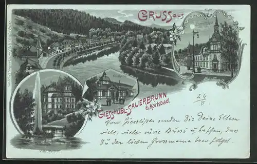 Mondschein-Lithographie Giesshübl-Sauerbrunn, Trinkhalle, Villa Mattoni, Hotel Heinrichshof