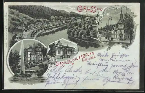 Mondschein-Lithographie Giesshübl-Sauerbrunn, Trinkhalle, Villa Mattoni, Hotel Heinrichshof