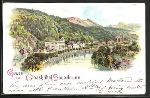 Lithographie Giesshübl-Sauerbrunn, Panoramablick auf den Ort