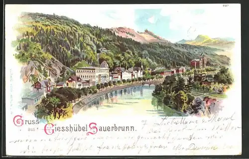 Lithographie Giesshübel-Sauerbrunn, Blick auf die Ortschaft