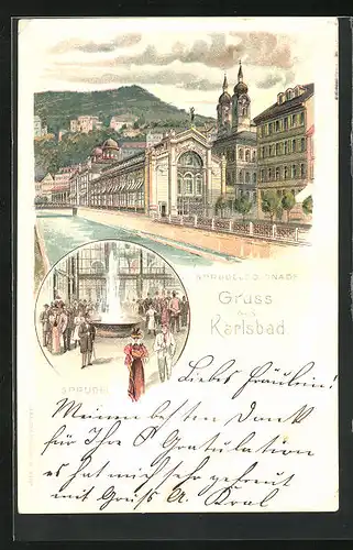 Lithographie Karlsbad, Kurgäste am Sprudel, Sprudelcolonade