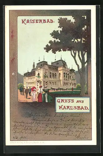 Lithographie Karlsbad, Kurgäste flanieren am Kaiserbad