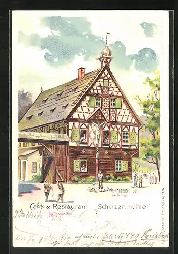 Lithographie Pirkenhammer, Cafe & Restaurant Schützenmühle im Egerländer Stil