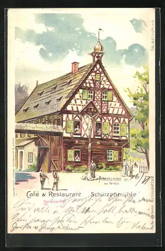 Lithographie Pirkenhammer, Cafe & Restaurant Schützenmühle im Egerländer Stil