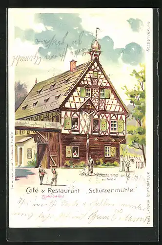 Lithographie Pirkenhammer, Cafe und Restaurant Schützenmühle im Egerländer-Stil
