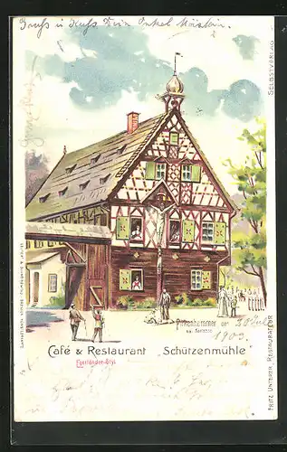 Lithographie Pirkenhammer, Cafe und Restaurant Schützenmühle im Egerländer-Stil