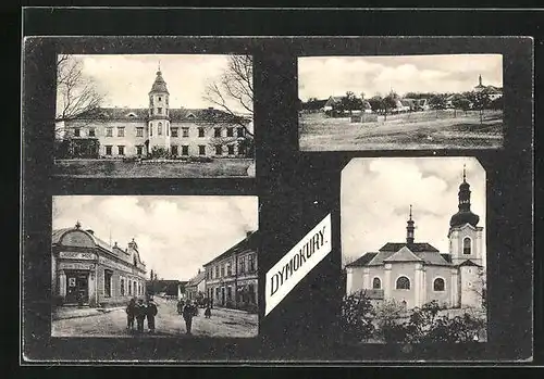 AK Dymokury, Geschäft v. Josef Moc, Kirche, Panorama