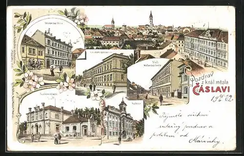 Lithographie Tschaslau / Caslav, Chlapecka skola, Radnice, Dusikovo divadlo