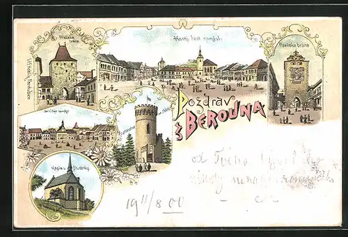 Lithographie Beraun / Beroun, Prazska brana, Horni cast namesti, Plzenska Brana